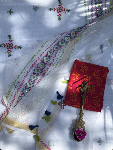 WHITE KOTA COTTON HAND EMBROIDERED SARI