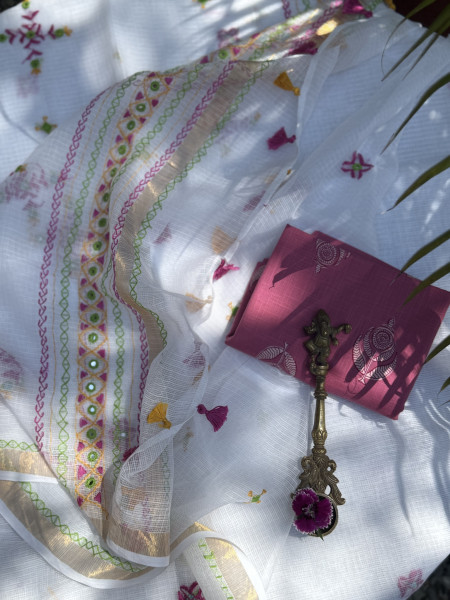 WHITE KOTA COTTON HAND EMBROIDERED SARI