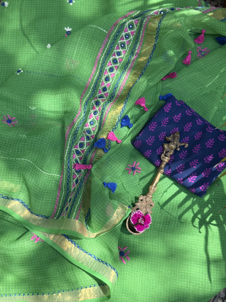 GREEN KOTA COTTON HAND EMBROIDERED SARI
