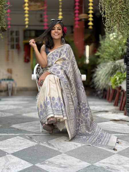 BEIGE KANTHA HAND EMBROIDERED MUGA SILK SARI