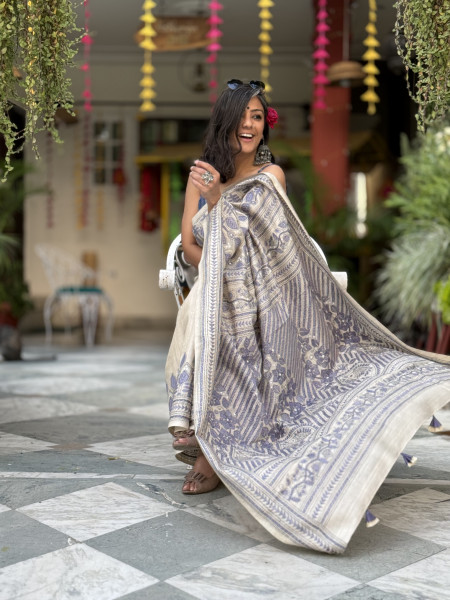 BEIGE KANTHA HAND EMBROIDERED MUGA SILK SARI