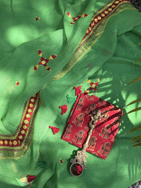 GREEN KOTA COTTON HAND EMBROIDERED SARI