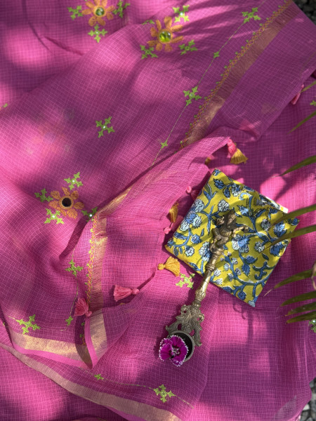 PINK KOTA COTTON HAND EMBROIDERED SARI