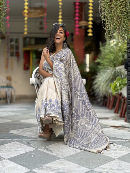 BEIGE KANTHA HAND EMBROIDERED MUGA SILK SARI