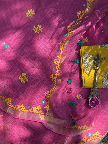 PINK KOTA COTTON HAND EMBROIDERED SARI