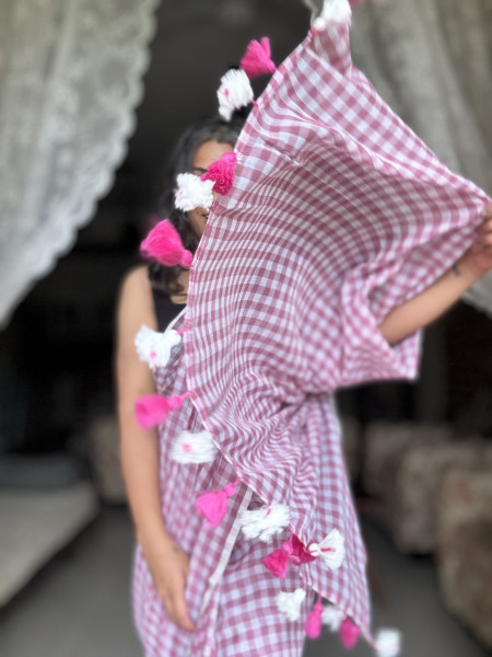 SALMON GINGHAM CHECKS  MULMUL COTTON SARI