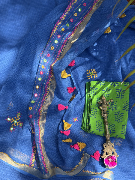 BLUE KOTA COTTON HAND EMBROIDERED SARI