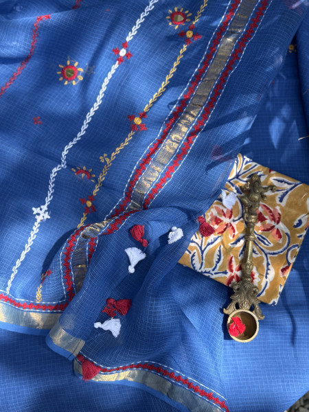 BLUE KOTA COTTON HAND EMBROIDERED SARI