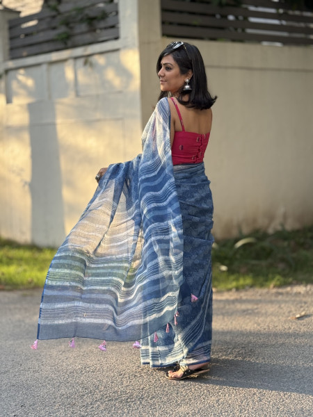 INDIGO HAND BLOCK PRINT COTTON KOTA SARI
