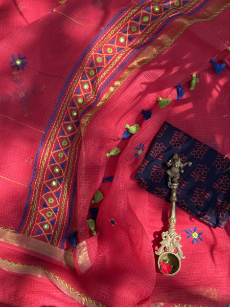 RED KOTA COTTON HAND EMBROIDERED SARI