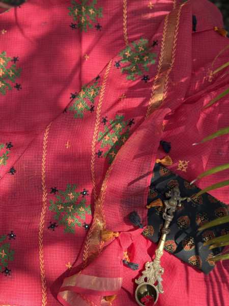 RED KOTA COTTON HAND EMBROIDERED SARI