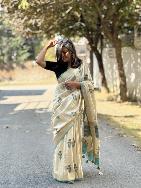 OFF WHITE-AQUA  HAND BLOCK PRINT HANDLOOM SILK SARI