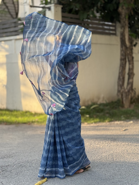 INDIGO HAND BLOCK PRINT COTTON KOTA SARI