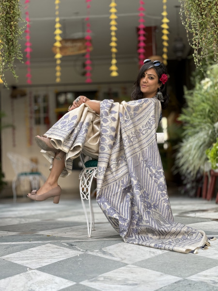 BEIGE KANTHA HAND EMBROIDERED MUGA SILK SARI