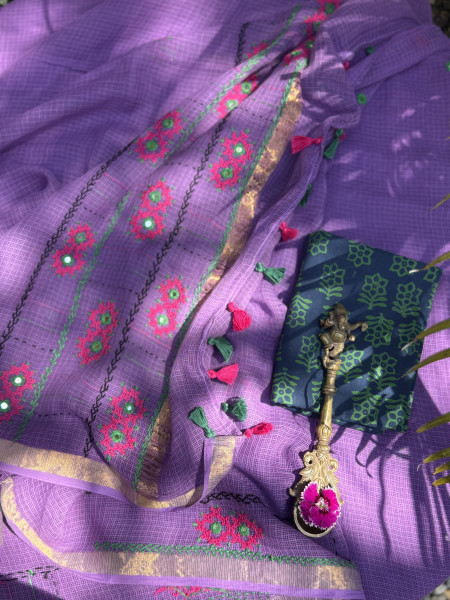 PURPLE  KOTA COTTON HAND EMBROIDERED SARI