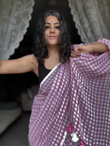 SALMON GINGHAM CHECKS  MULMUL COTTON SARI