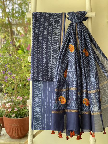 INDIGO CHANDERI COTTON BLOCK PRINT EMBROIDERED DUPATTA SET