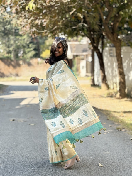 OFF WHITE-AQUA  HAND BLOCK PRINT HANDLOOM SILK SARI