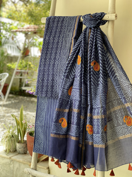 INDIGO CHANDERI COTTON BLOCK PRINT EMBROIDERED DUPATTA SET