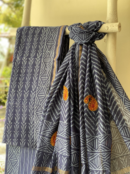 INDIGO CHANDERI COTTON BLOCK PRINT EMBROIDERED DUPATTA SET