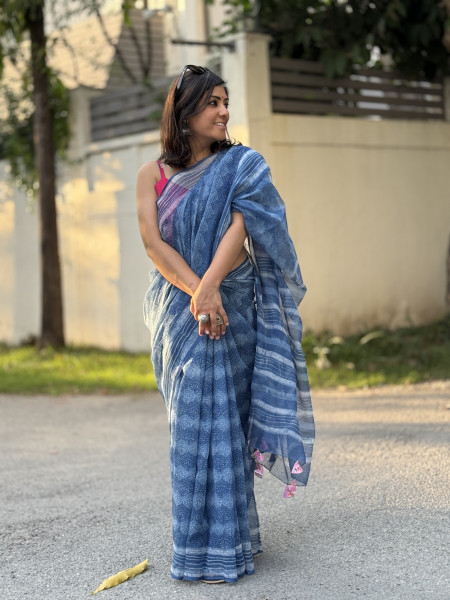 INDIGO HAND BLOCK PRINT COTTON KOTA SARI