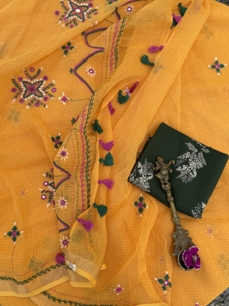 YELLOW  KOTA COTTON HAND EMBROIDERED SARI