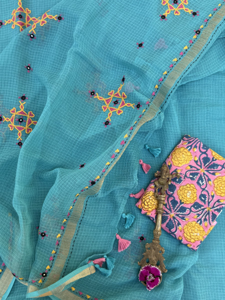AQUA KOTA COTTON HAND EMBROIDERED SARI