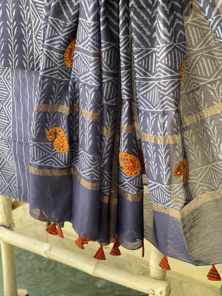 INDIGO CHANDERI COTTON BLOCK PRINT EMBROIDERED DUPATTA SET