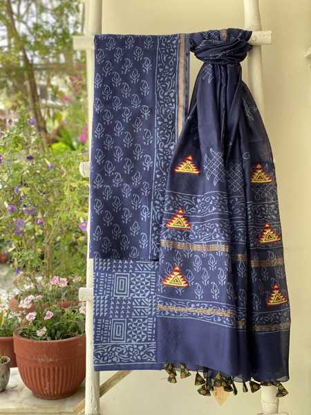 INDIGO CHANDERI COTTON BLOCK PRINT EMBROIDERED DUPATTA SET