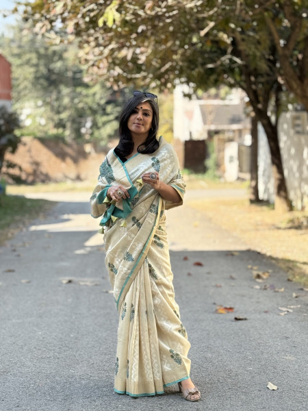 OFF WHITE-AQUA  HAND BLOCK PRINT HANDLOOM SILK SARI