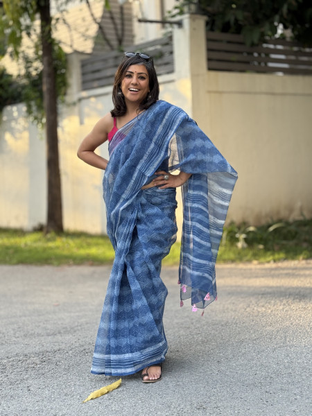 INDIGO HAND BLOCK PRINT COTTON KOTA SARI