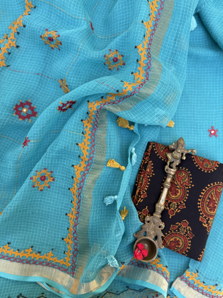 AQUA KOTA COTTON HAND EMBROIDERED SARI