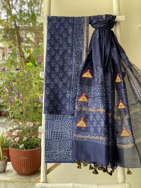 INDIGO CHANDERI COTTON BLOCK PRINT EMBROIDERED DUPATTA SET