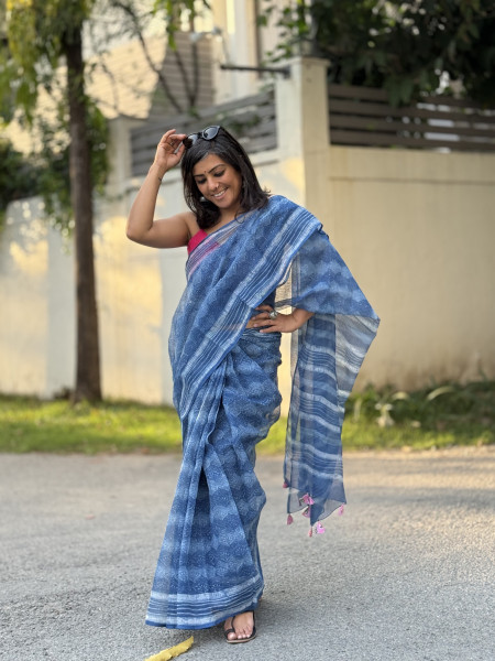 INDIGO HAND BLOCK PRINT COTTON KOTA SARI