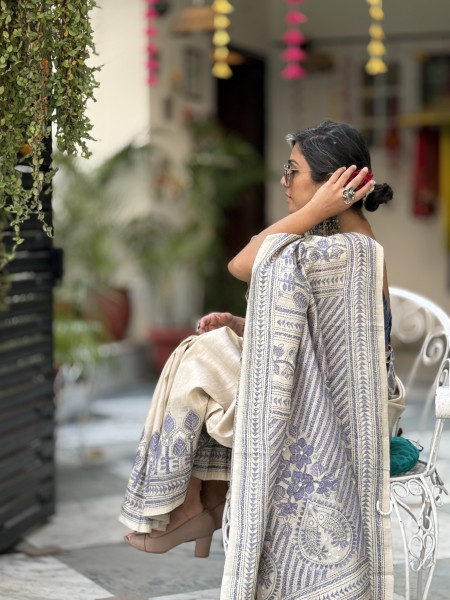 BEIGE KANTHA HAND EMBROIDERED MUGA SILK SARI