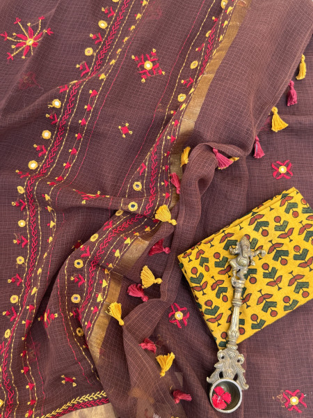BROWN KOTA COTTON HAND EMBROIDERED SARI