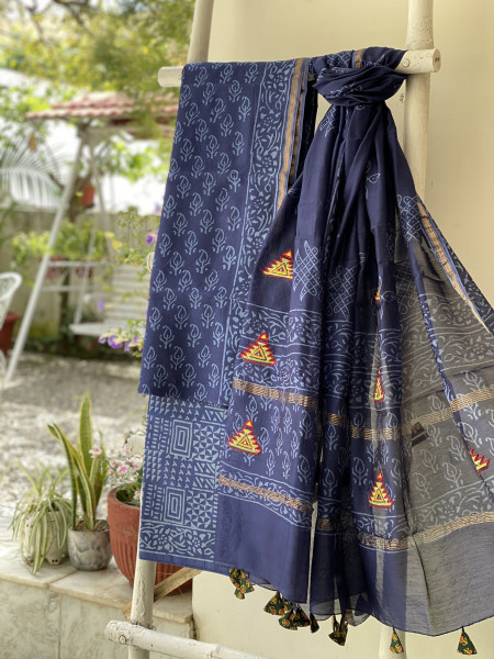INDIGO CHANDERI COTTON BLOCK PRINT EMBROIDERED DUPATTA SET