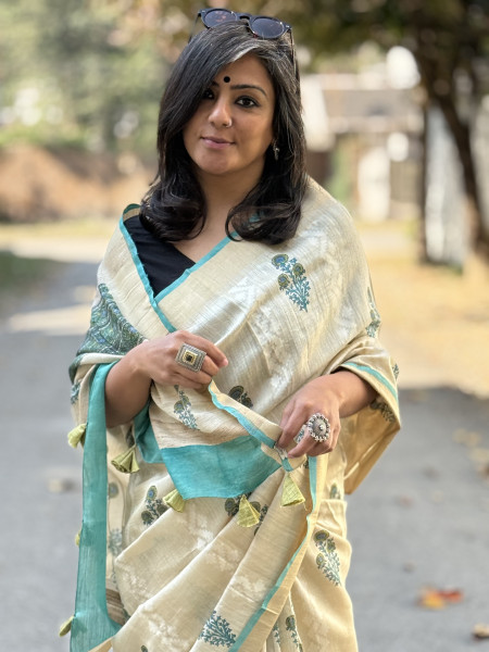 OFF WHITE-AQUA  HAND BLOCK PRINT HANDLOOM SILK SARI