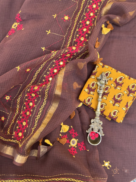 BROWN KOTA COTTON HAND EMBROIDERED SARI