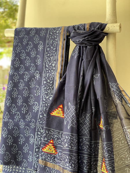 INDIGO CHANDERI COTTON BLOCK PRINT EMBROIDERED DUPATTA SET