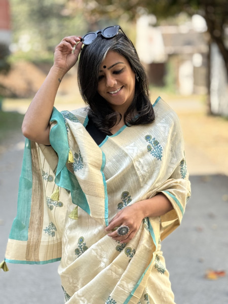 OFF WHITE-AQUA  HAND BLOCK PRINT HANDLOOM SILK SARI