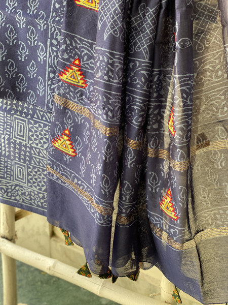 INDIGO CHANDERI COTTON BLOCK PRINT EMBROIDERED DUPATTA SET