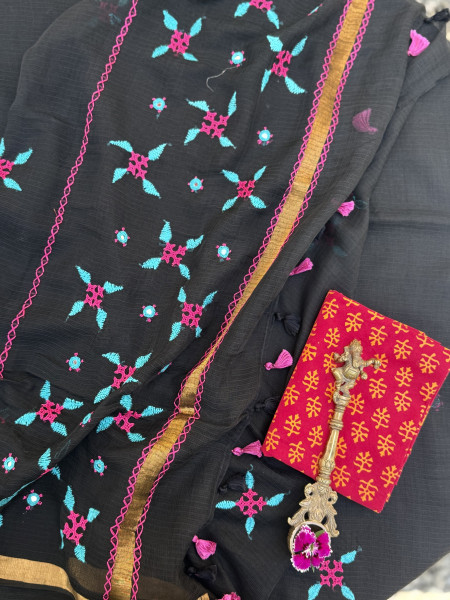 BLACK  KOTA COTTON HAND EMBROIDERED SARI