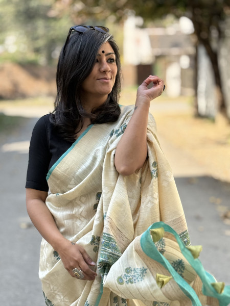 OFF WHITE-AQUA  HAND BLOCK PRINT HANDLOOM SILK SARI