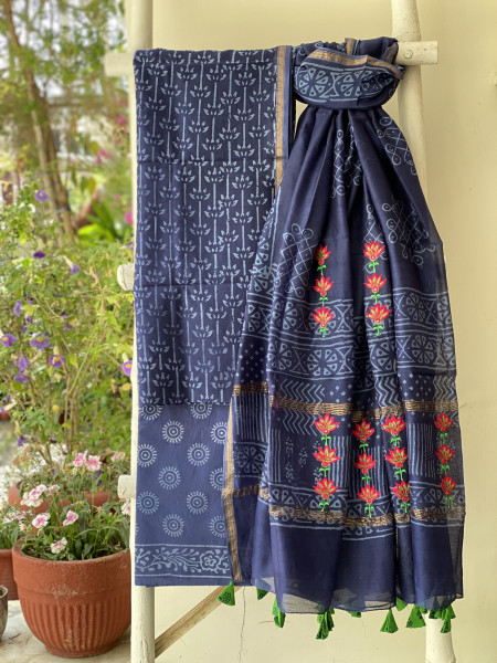 INDIGO CHANDERI COTTON BLOCK PRINT EMBROIDERED DUPATTA SET