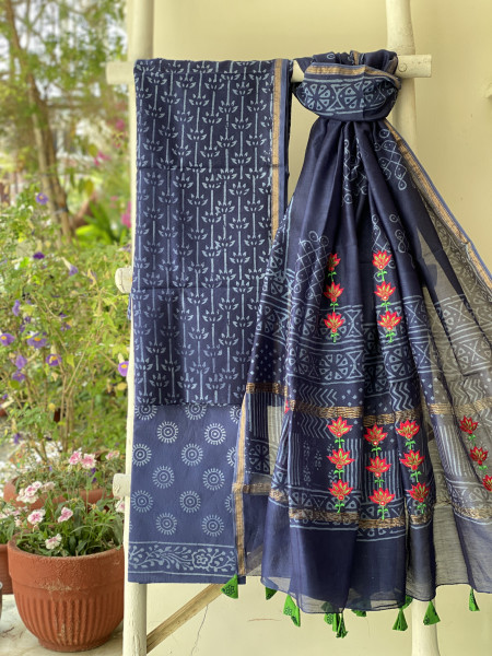INDIGO CHANDERI COTTON BLOCK PRINT EMBROIDERED DUPATTA SET