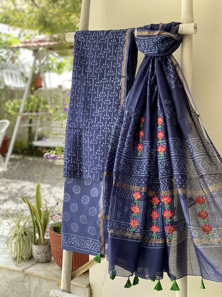 Image of INDIGO CHANDERI COTTON BLOCK PRINT EMBROIDERED DUPATTA SET