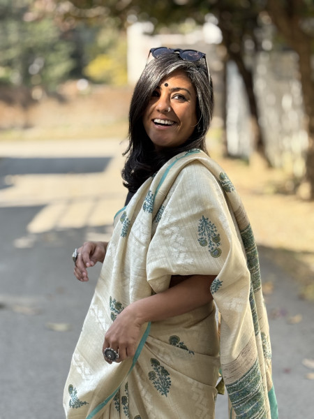 OFF WHITE-AQUA  HAND BLOCK PRINT HANDLOOM SILK SARI