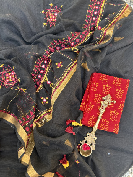 BLACK  KOTA COTTON HAND EMBROIDERED SARI