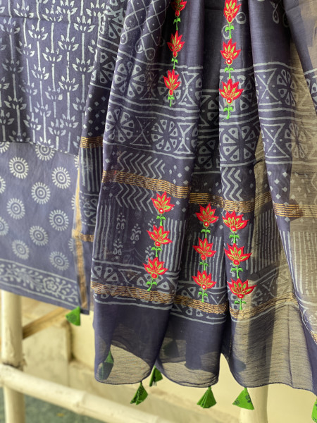 INDIGO CHANDERI COTTON BLOCK PRINT EMBROIDERED DUPATTA SET
